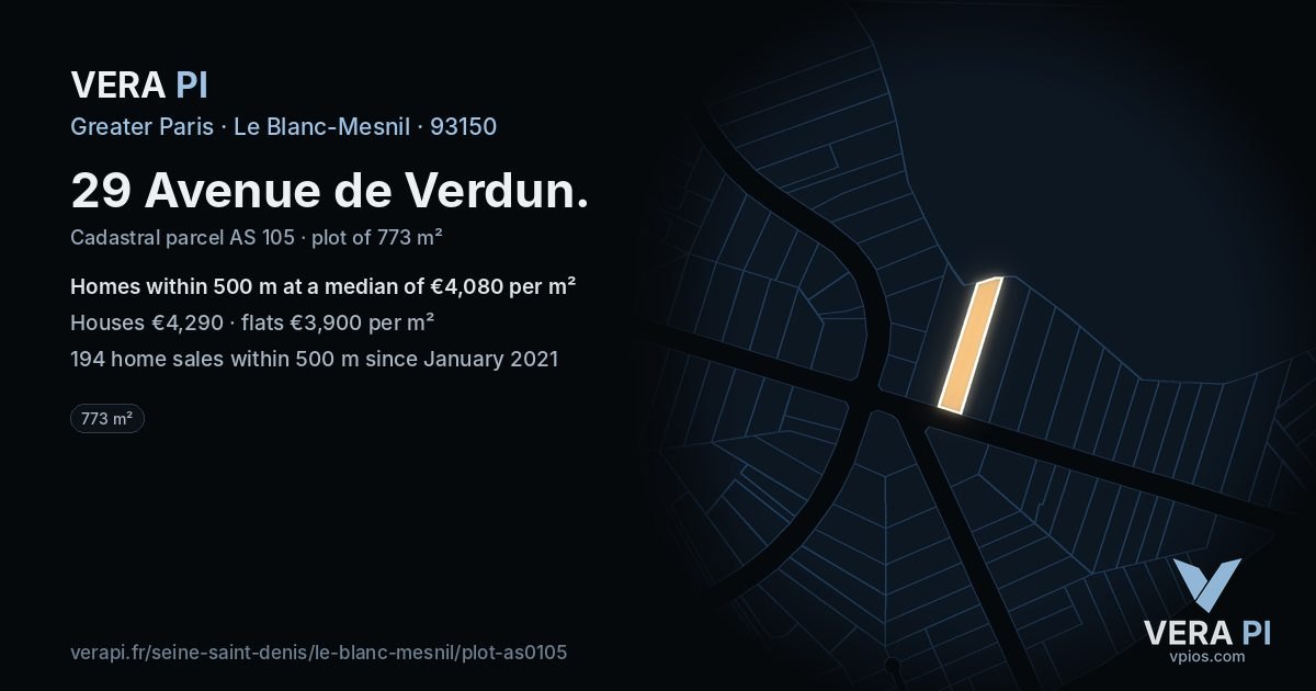 29 Avenue de Verdun, Le Blanc-Mesnil at night – the plot lit, the parcels around coloured by the prices near them