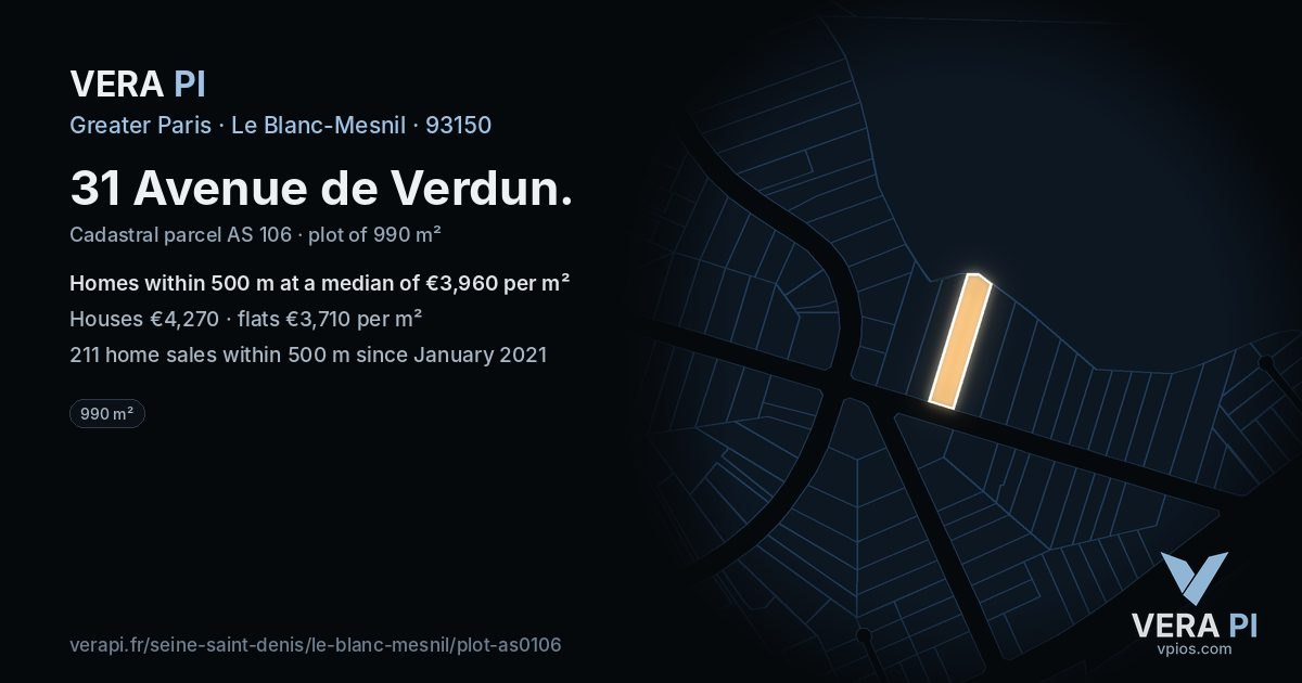 31 Avenue de Verdun, Le Blanc-Mesnil at night – the plot lit, the parcels around coloured by the prices near them