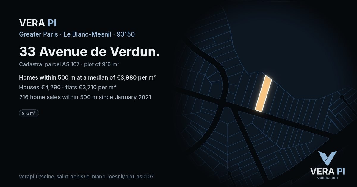 33 Avenue de Verdun, Le Blanc-Mesnil at night – the plot lit, the parcels around coloured by the prices near them
