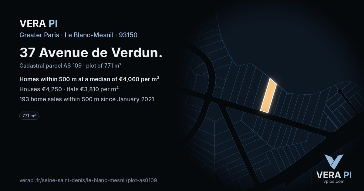 37 Avenue de Verdun, Le Blanc-Mesnil at night – the plot lit, the parcels around coloured by the prices near them