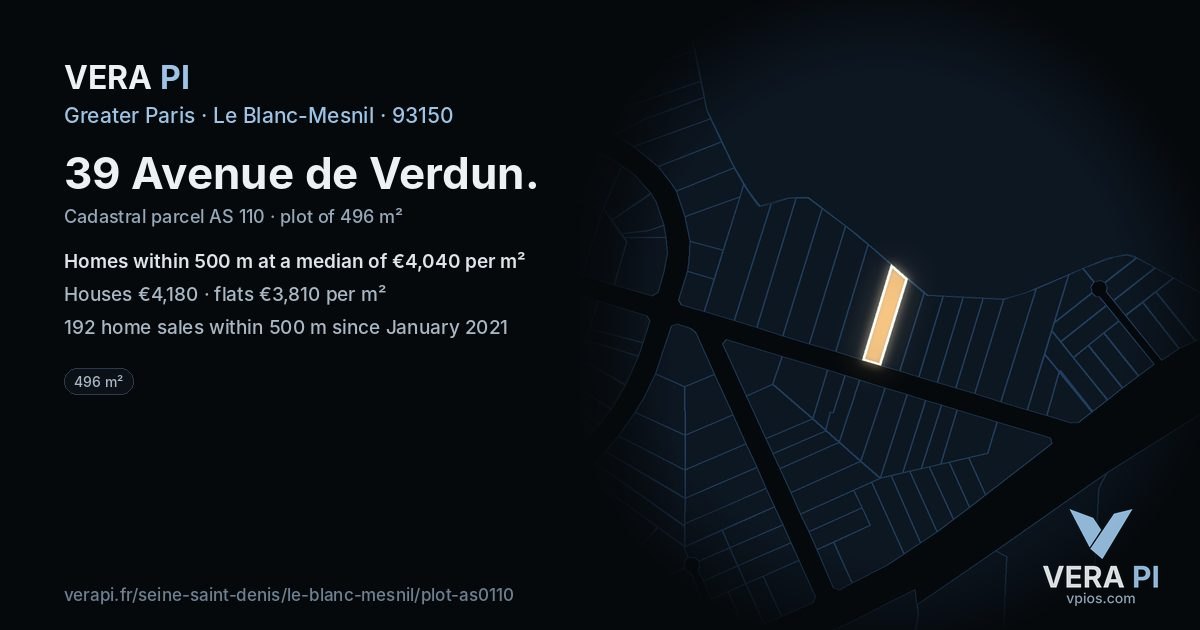 39 Avenue de Verdun, Le Blanc-Mesnil at night – the plot lit, the parcels around coloured by the prices near them