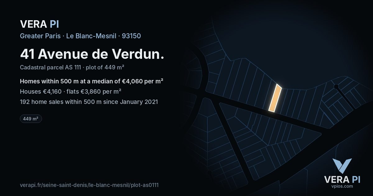 41 Avenue de Verdun, Le Blanc-Mesnil at night – the plot lit, the parcels around coloured by the prices near them