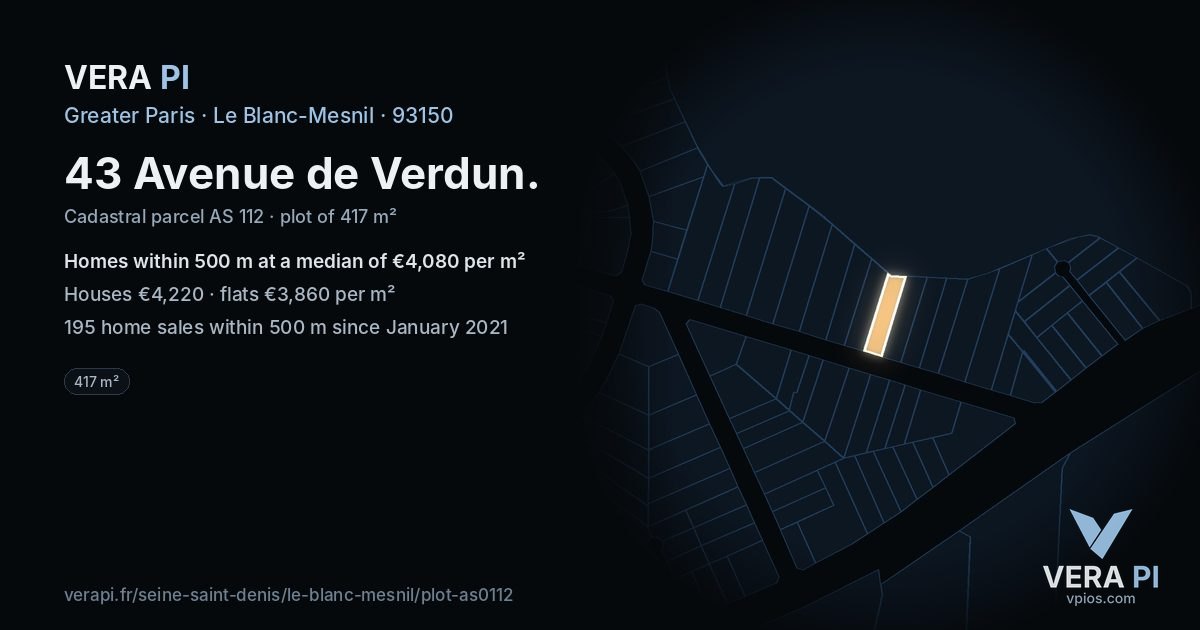 43 Avenue de Verdun, Le Blanc-Mesnil at night – the plot lit, the parcels around coloured by the prices near them