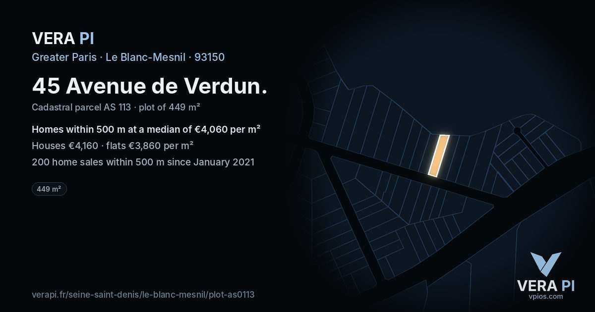 45 Avenue de Verdun, Le Blanc-Mesnil at night – the plot lit, the parcels around coloured by the prices near them