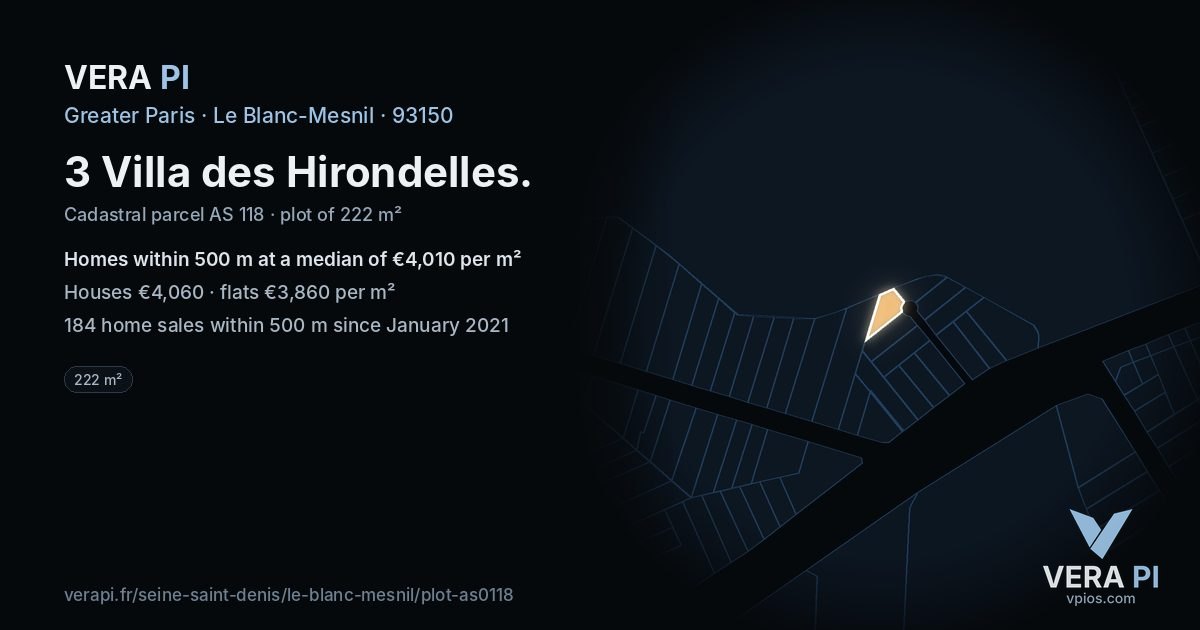3 Villa des Hirondelles, Le Blanc-Mesnil at night – the plot lit, the parcels around coloured by the prices near them