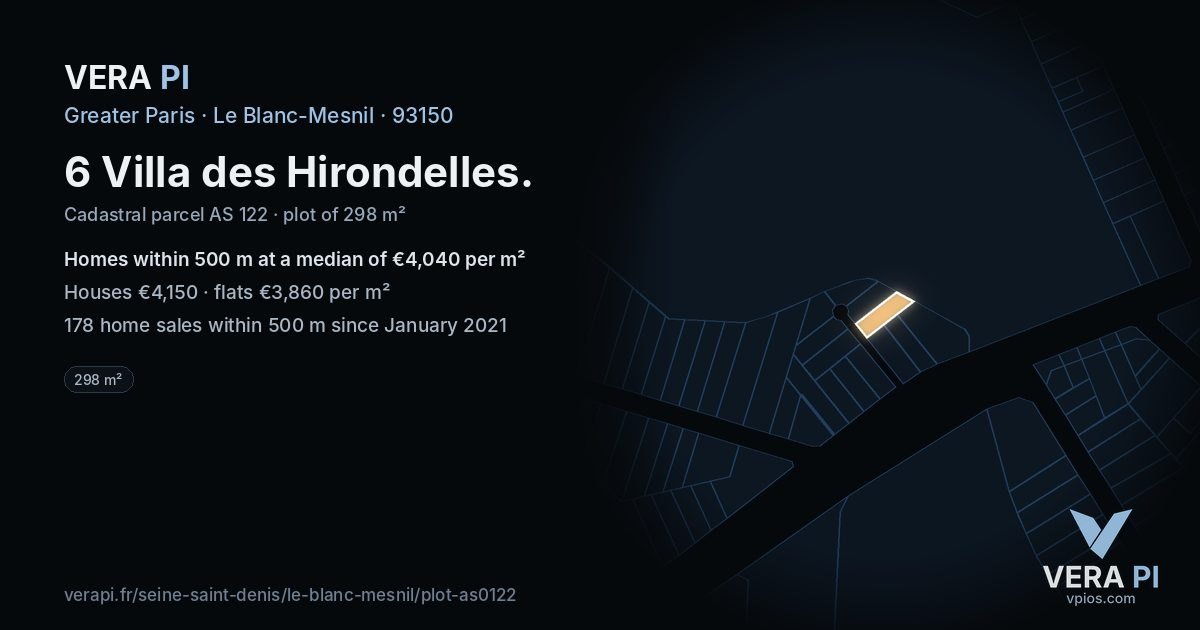 6 Villa des Hirondelles, Le Blanc-Mesnil at night – the plot lit, the parcels around coloured by the prices near them