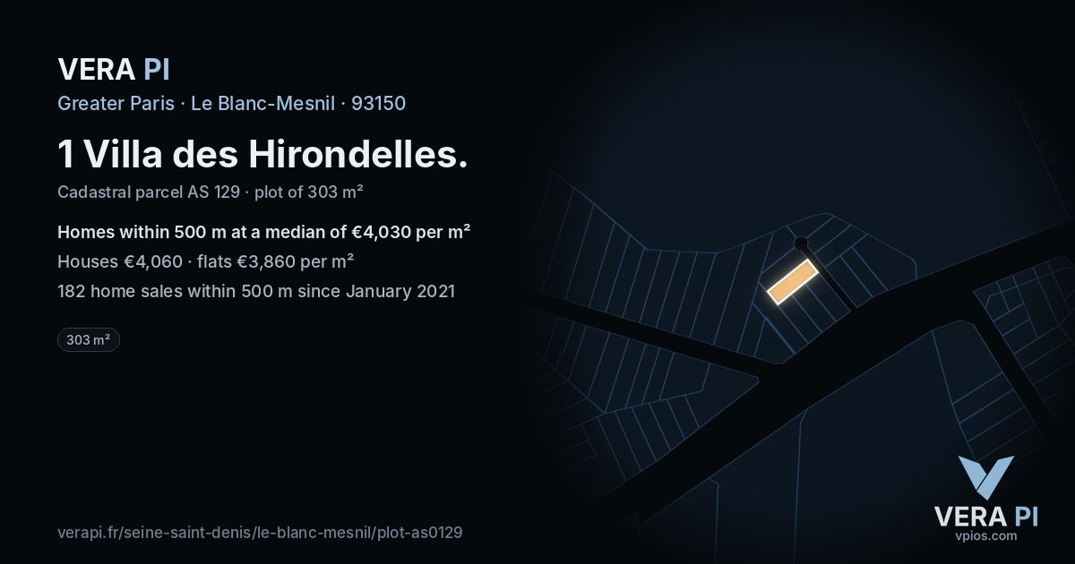 1 Villa des Hirondelles, Le Blanc-Mesnil at night – the plot lit, the parcels around coloured by the prices near them