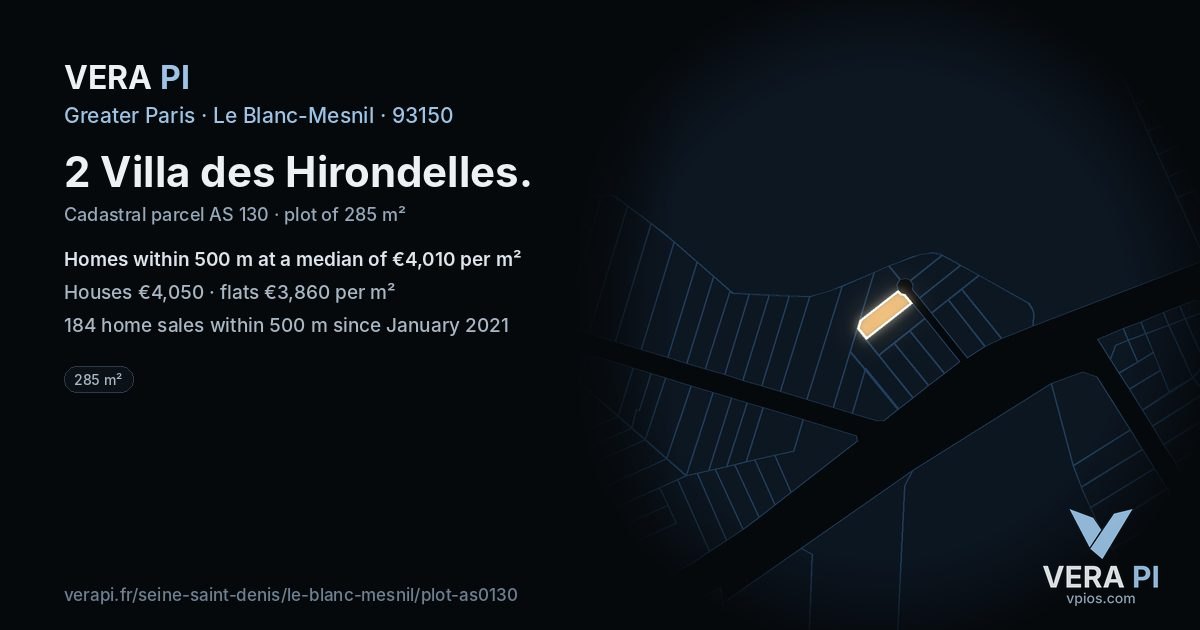 2 Villa des Hirondelles, Le Blanc-Mesnil at night – the plot lit, the parcels around coloured by the prices near them