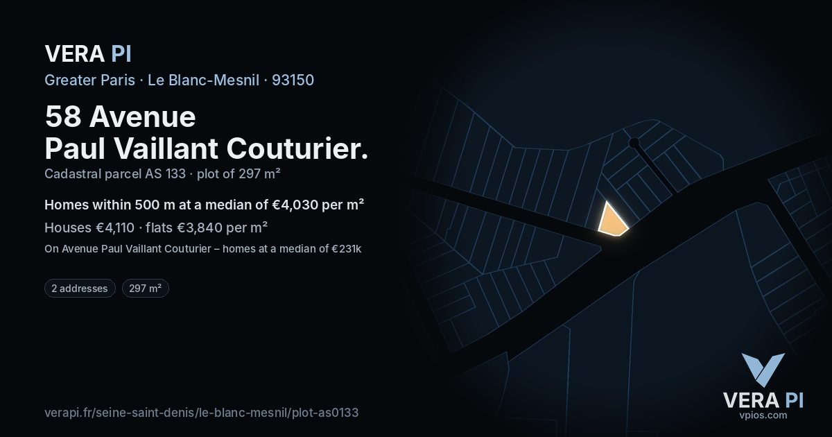 58 Avenue Paul Vaillant Couturier, Le Blanc-Mesnil at night – the plot lit, the parcels around coloured by the prices near them