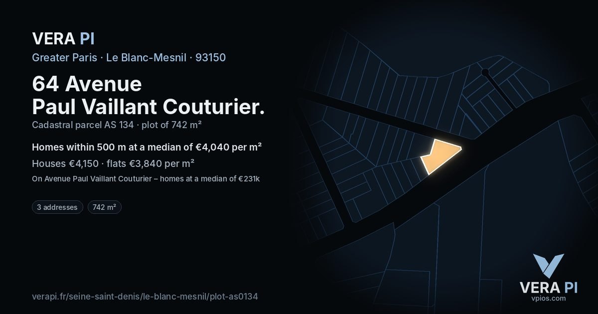 64 Avenue Paul Vaillant Couturier, Le Blanc-Mesnil at night – the plot lit, the parcels around coloured by the prices near them