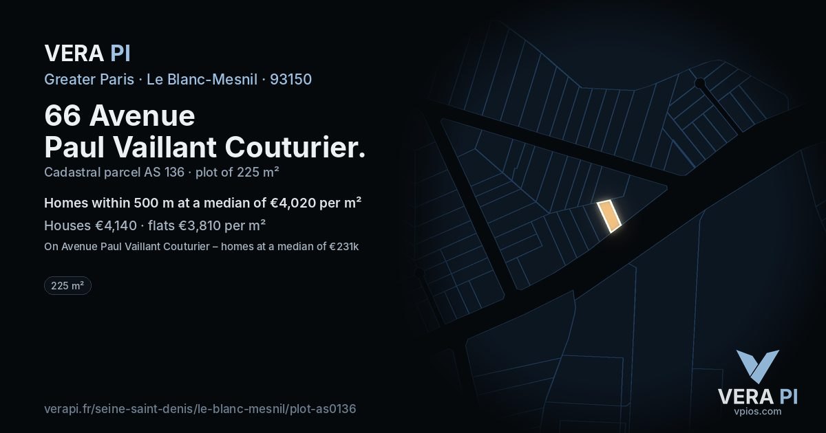 66 Avenue Paul Vaillant Couturier, Le Blanc-Mesnil at night – the plot lit, the parcels around coloured by the prices near them