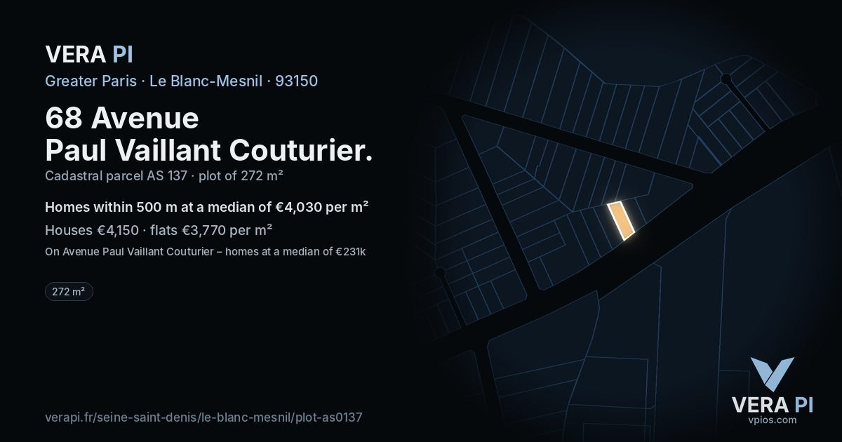 68 Avenue Paul Vaillant Couturier, Le Blanc-Mesnil at night – the plot lit, the parcels around coloured by the prices near them