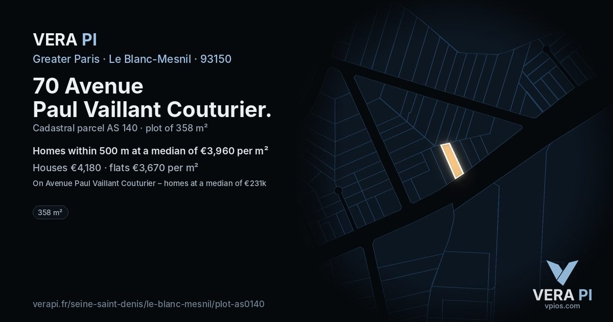70 Avenue Paul Vaillant Couturier, Le Blanc-Mesnil at night – the plot lit, the parcels around coloured by the prices near them