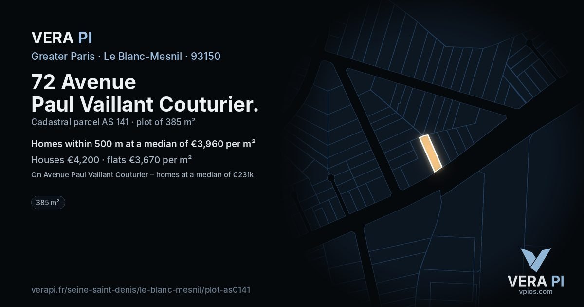 72 Avenue Paul Vaillant Couturier, Le Blanc-Mesnil at night – the plot lit, the parcels around coloured by the prices near them