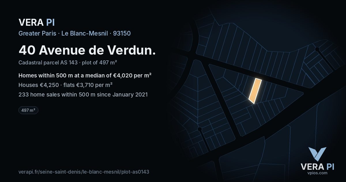 40 Avenue de Verdun, Le Blanc-Mesnil at night – the plot lit, the parcels around coloured by the prices near them