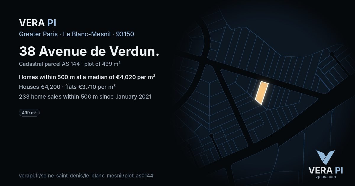 38 Avenue de Verdun, Le Blanc-Mesnil at night – the plot lit, the parcels around coloured by the prices near them