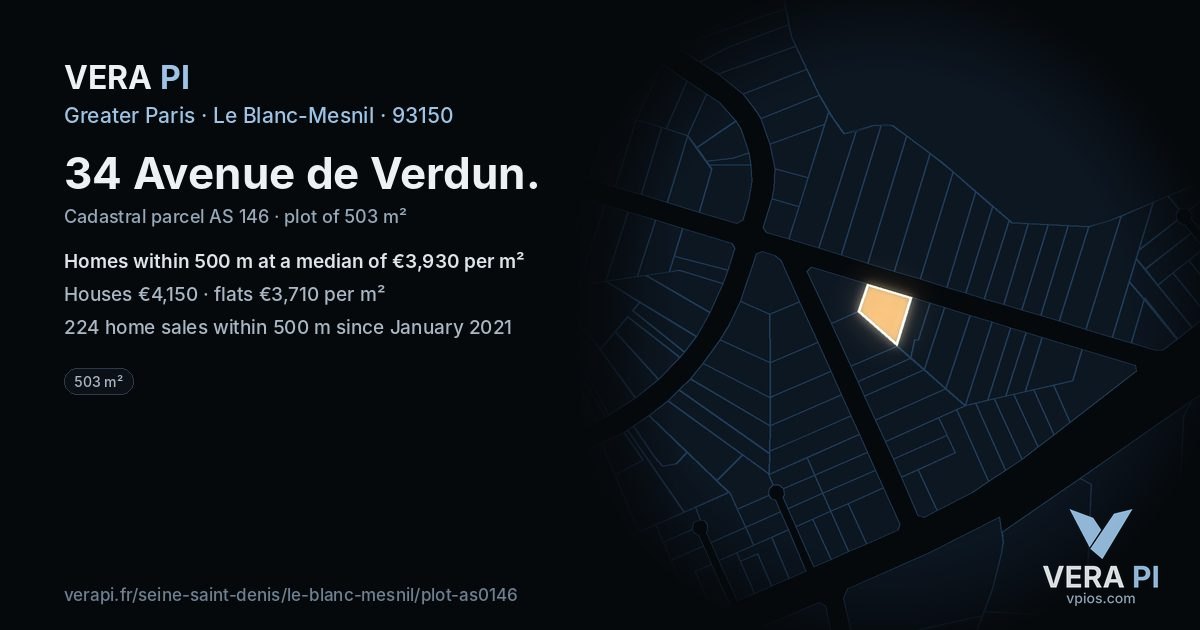34 Avenue de Verdun, Le Blanc-Mesnil at night – the plot lit, the parcels around coloured by the prices near them