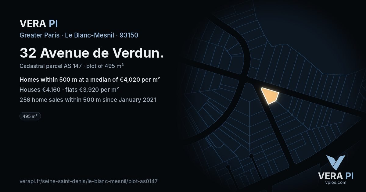 32 Avenue de Verdun, Le Blanc-Mesnil at night – the plot lit, the parcels around coloured by the prices near them