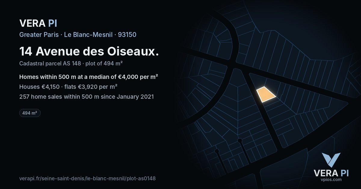 14 Avenue des Oiseaux, Le Blanc-Mesnil at night – the plot lit, the parcels around coloured by the prices near them