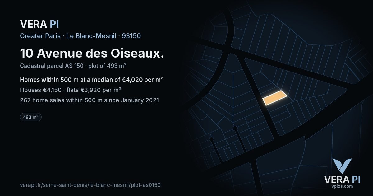 10 Avenue des Oiseaux, Le Blanc-Mesnil at night – the plot lit, the parcels around coloured by the prices near them