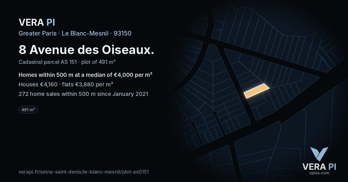 8 Avenue des Oiseaux, Le Blanc-Mesnil at night – the plot lit, the parcels around coloured by the prices near them