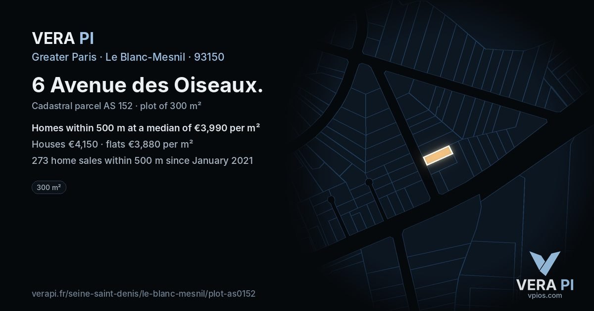 6 Avenue des Oiseaux, Le Blanc-Mesnil at night – the plot lit, the parcels around coloured by the prices near them