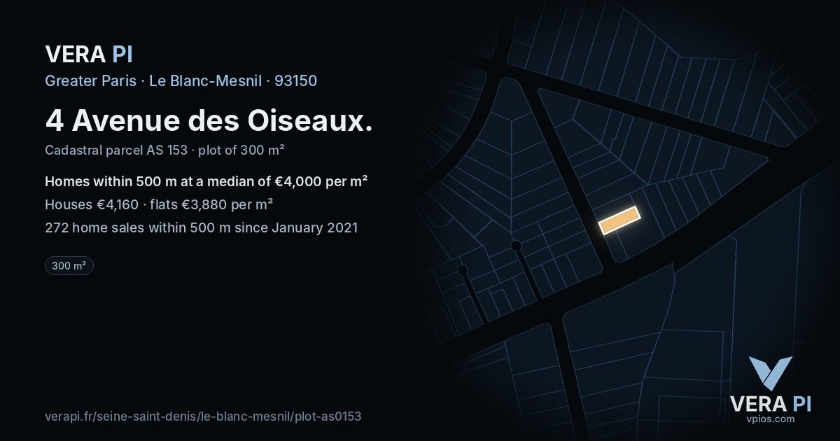 4 Avenue des Oiseaux, Le Blanc-Mesnil at night – the plot lit, the parcels around coloured by the prices near them