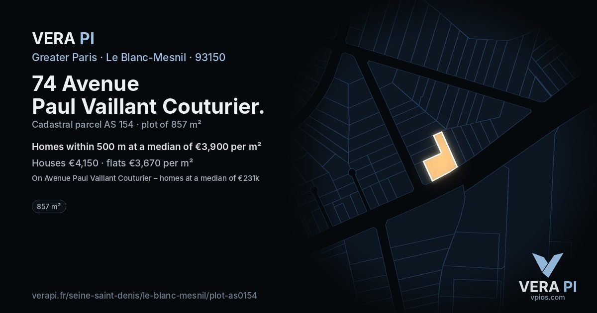 74 Avenue Paul Vaillant Couturier, Le Blanc-Mesnil at night – the plot lit, the parcels around coloured by the prices near them