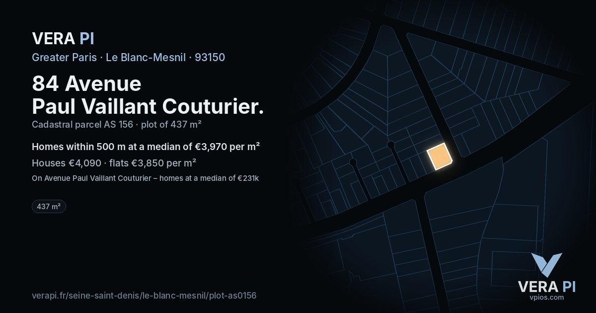 84 Avenue Paul Vaillant Couturier, Le Blanc-Mesnil at night – the plot lit, the parcels around coloured by the prices near them