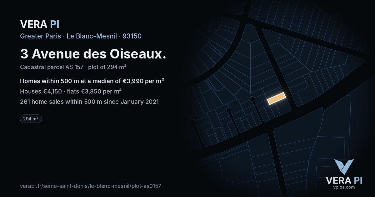 3 Avenue des Oiseaux, Le Blanc-Mesnil at night – the plot lit, the parcels around coloured by the prices near them