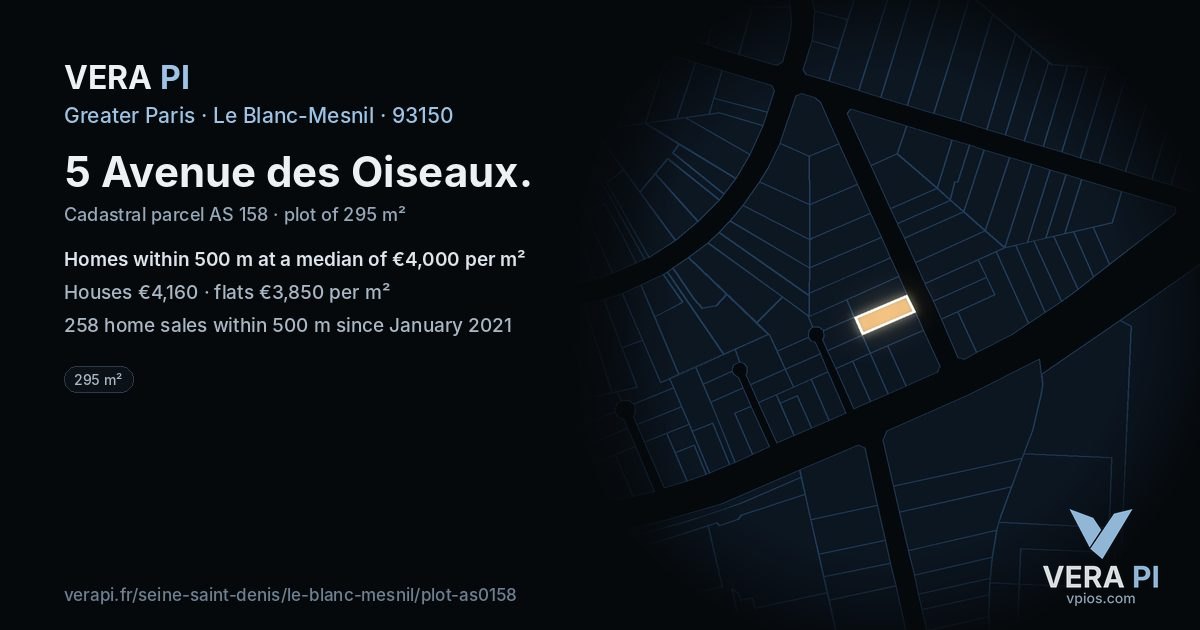 5 Avenue des Oiseaux, Le Blanc-Mesnil at night – the plot lit, the parcels around coloured by the prices near them