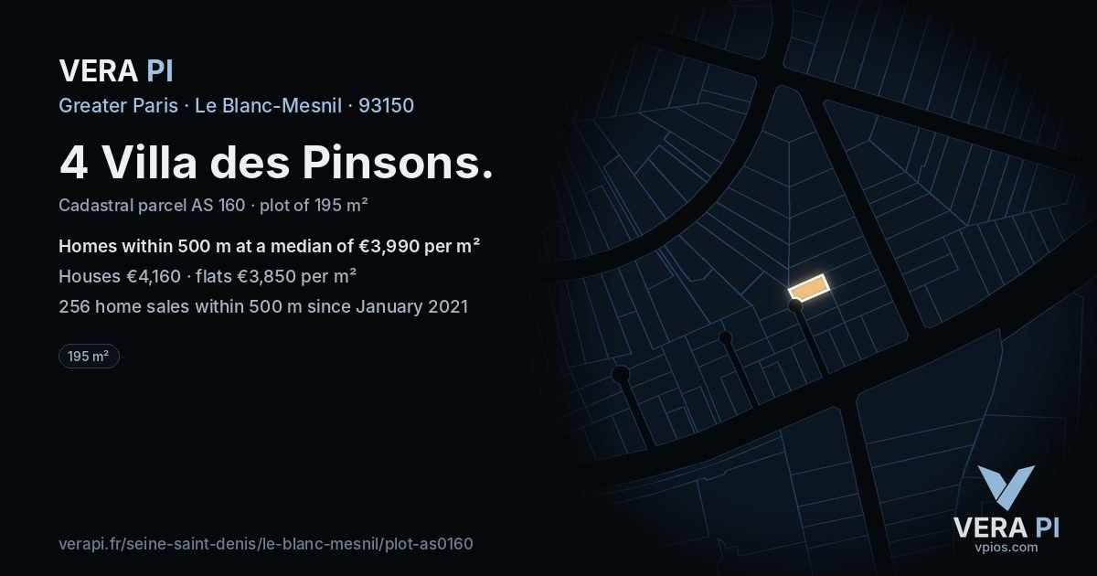 4 Villa des Pinsons, Le Blanc-Mesnil at night – the plot lit, the parcels around coloured by the prices near them