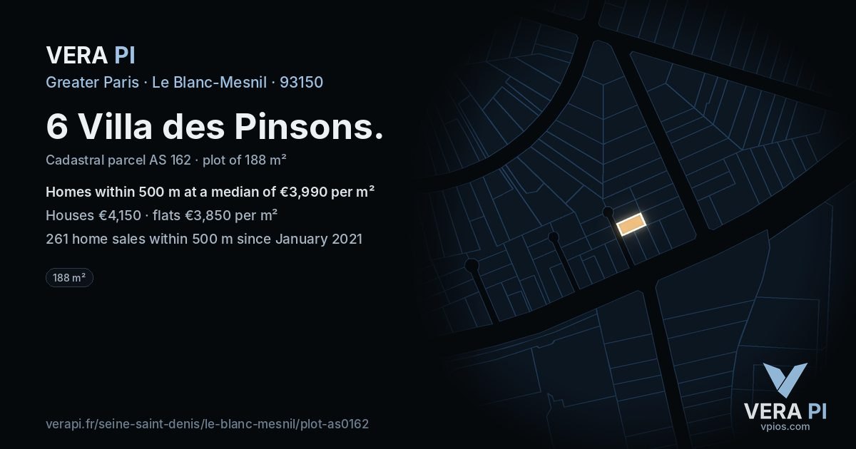 6 Villa des Pinsons, Le Blanc-Mesnil at night – the plot lit, the parcels around coloured by the prices near them