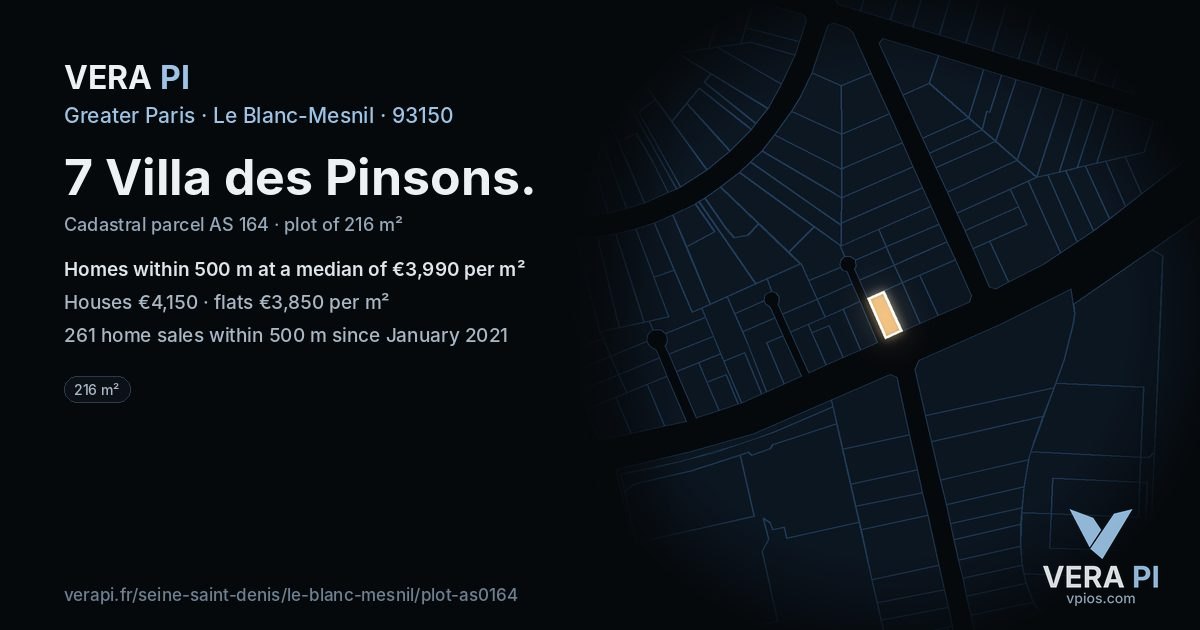 7 Villa des Pinsons, Le Blanc-Mesnil at night – the plot lit, the parcels around coloured by the prices near them