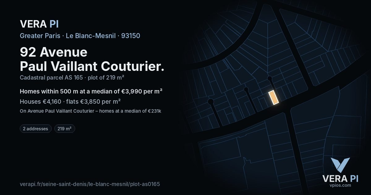 92 Avenue Paul Vaillant Couturier, Le Blanc-Mesnil at night – the plot lit, the parcels around coloured by the prices near them