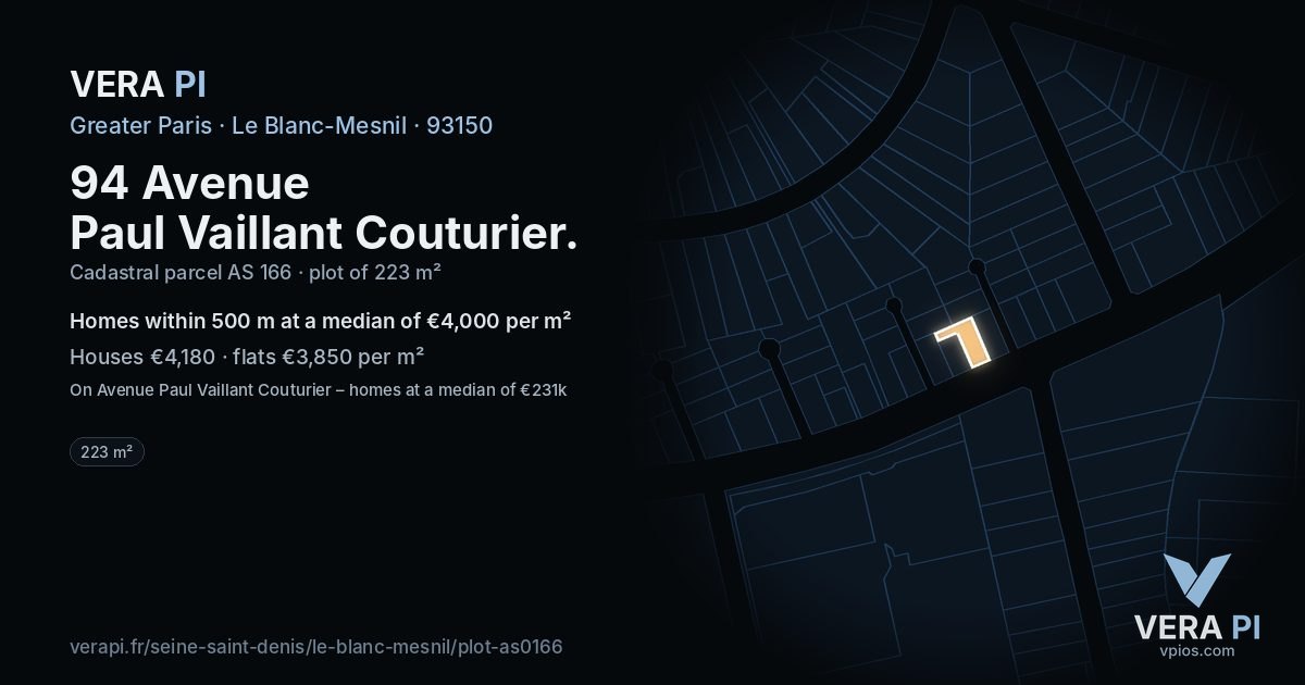 94 Avenue Paul Vaillant Couturier, Le Blanc-Mesnil at night – the plot lit, the parcels around coloured by the prices near them