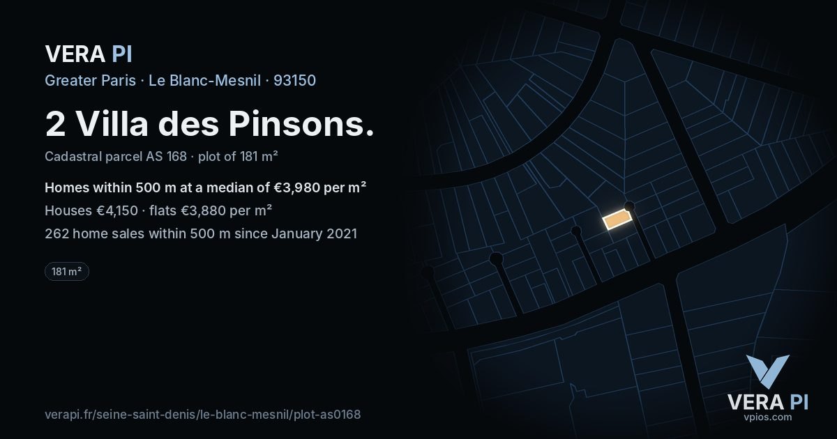 2 Villa des Pinsons, Le Blanc-Mesnil at night – the plot lit, the parcels around coloured by the prices near them