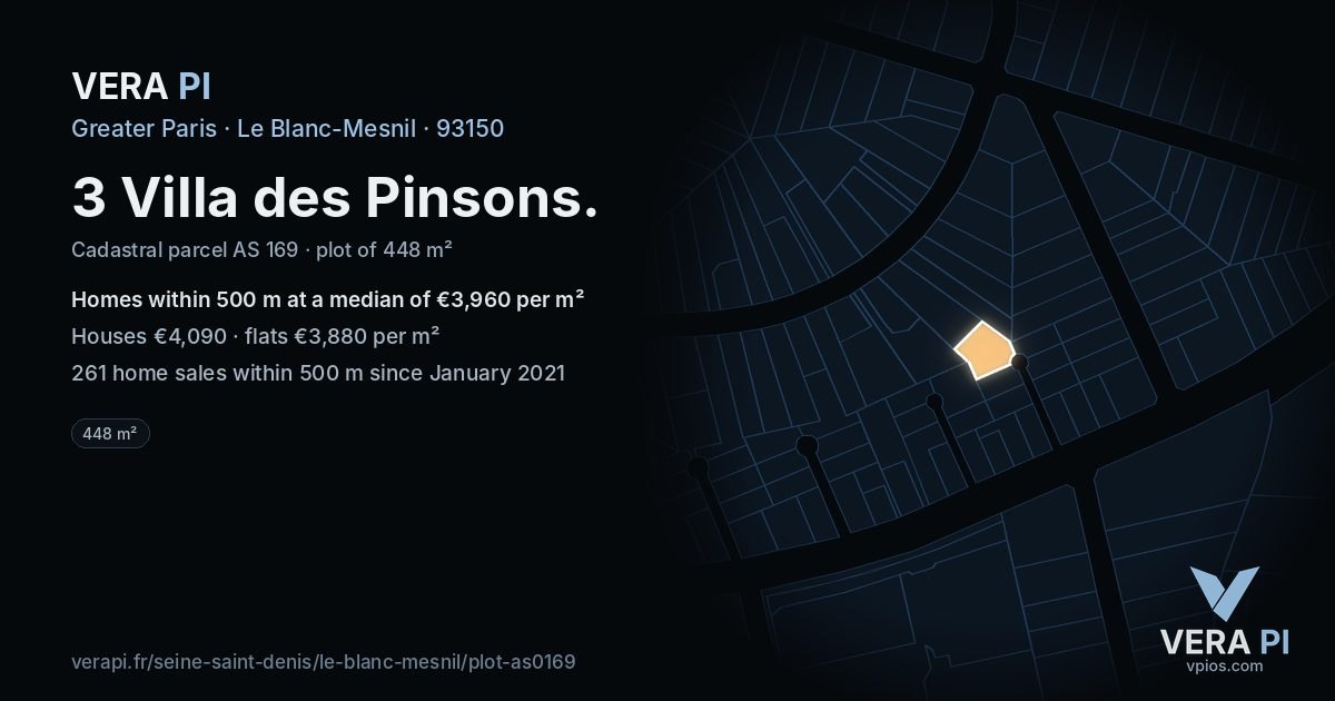 3 Villa des Pinsons, Le Blanc-Mesnil at night – the plot lit, the parcels around coloured by the prices near them