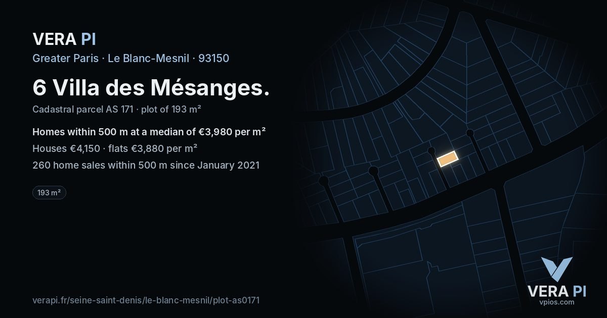 6 Villa des Mésanges, Le Blanc-Mesnil at night – the plot lit, the parcels around coloured by the prices near them