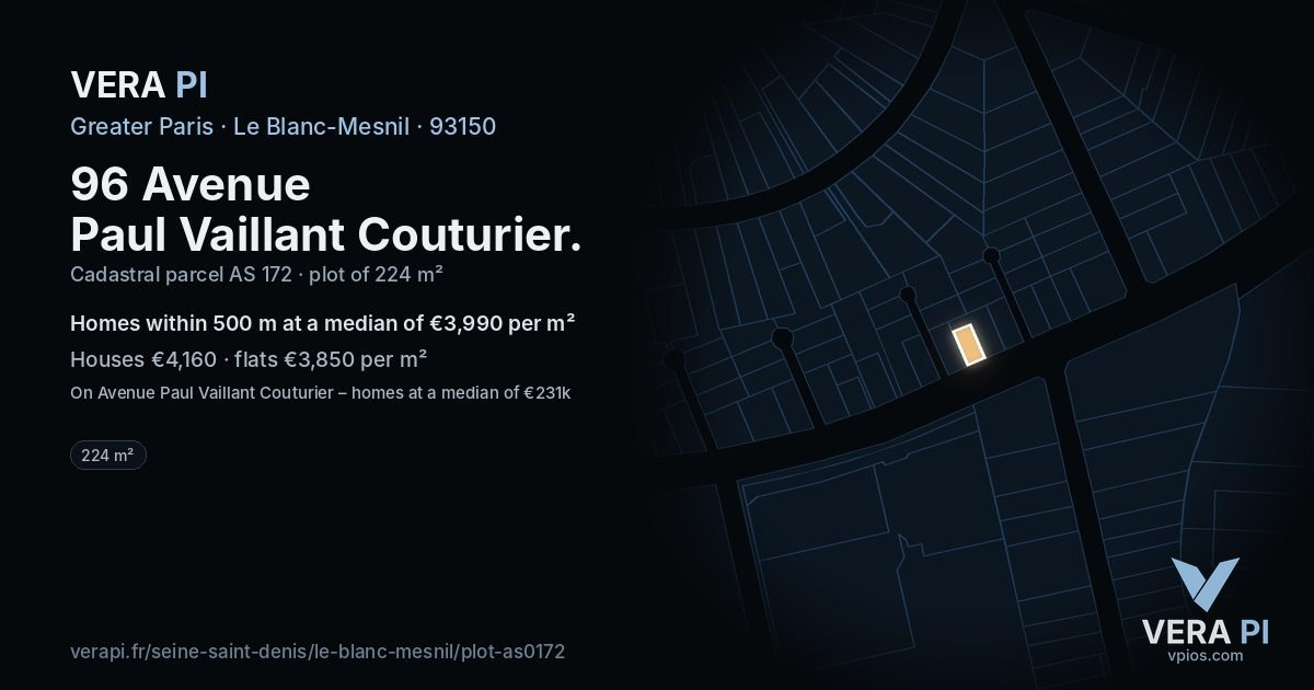 96 Avenue Paul Vaillant Couturier, Le Blanc-Mesnil at night – the plot lit, the parcels around coloured by the prices near them