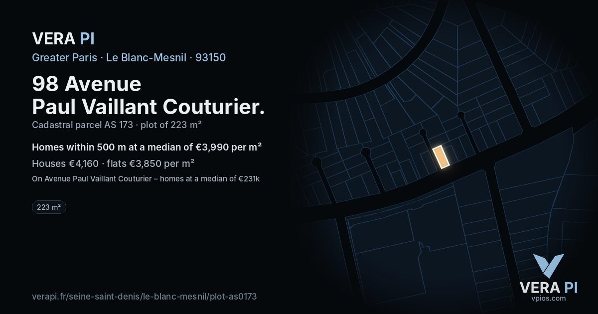 98 Avenue Paul Vaillant Couturier, Le Blanc-Mesnil at night – the plot lit, the parcels around coloured by the prices near them