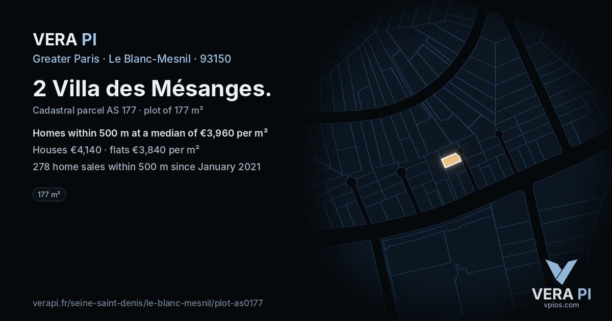 2 Villa des Mésanges, Le Blanc-Mesnil at night – the plot lit, the parcels around coloured by the prices near them