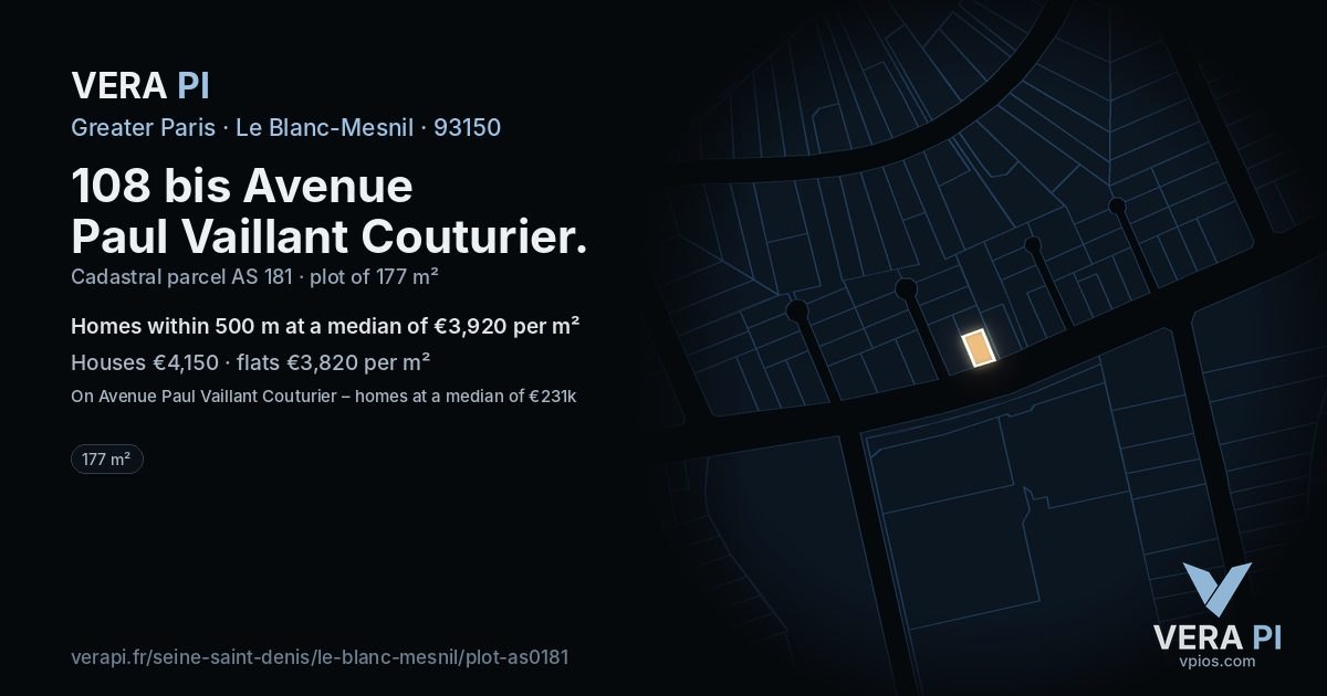 108 bis Avenue Paul Vaillant Couturier, Le Blanc-Mesnil at night – the plot lit, the parcels around coloured by the prices near them