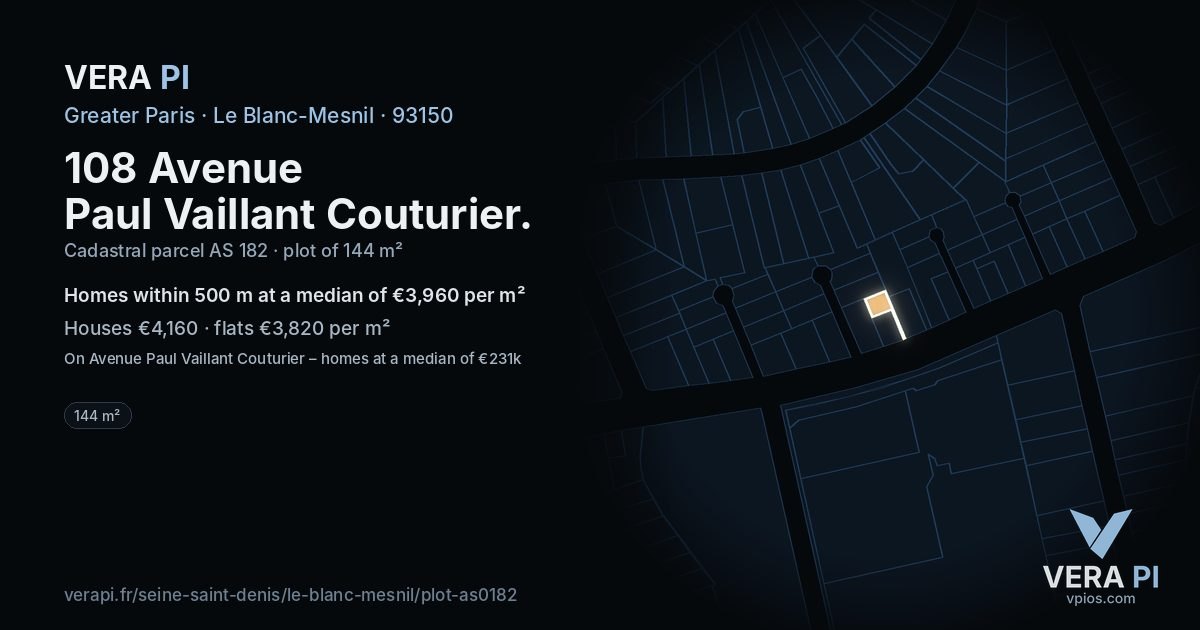 108 Avenue Paul Vaillant Couturier, Le Blanc-Mesnil at night – the plot lit, the parcels around coloured by the prices near them