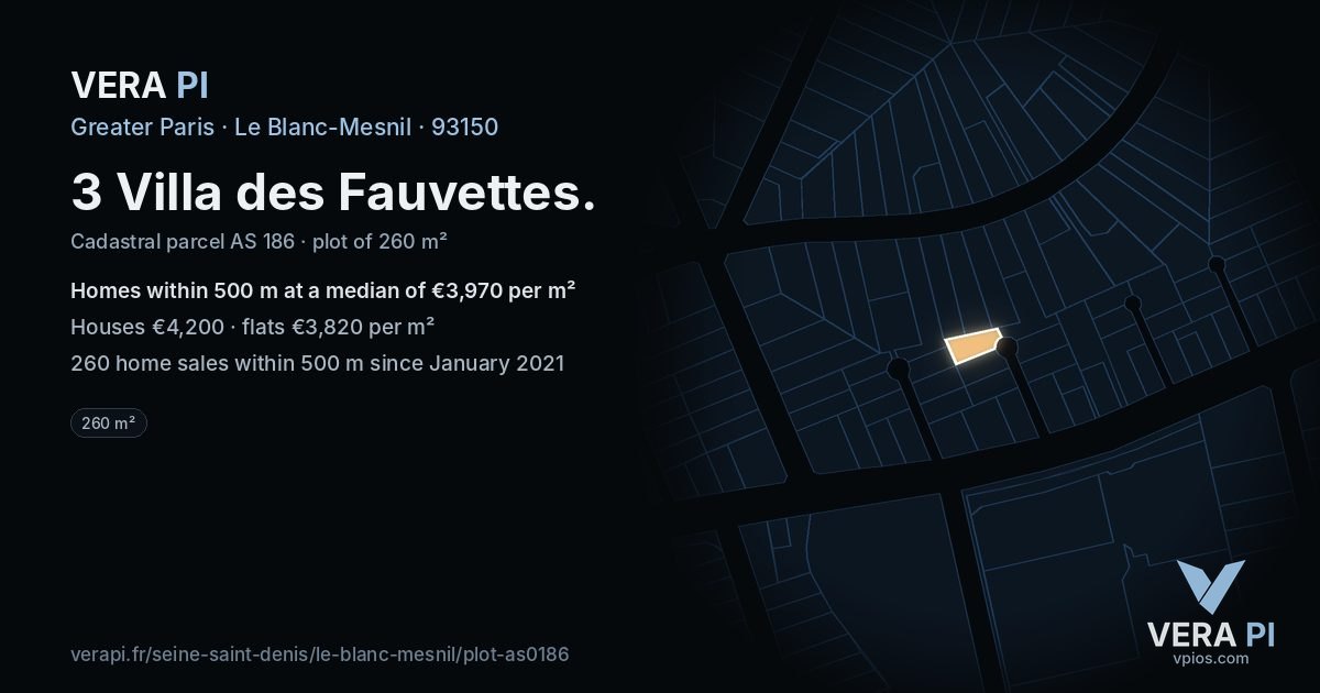 3 Villa des Fauvettes, Le Blanc-Mesnil at night – the plot lit, the parcels around coloured by the prices near them