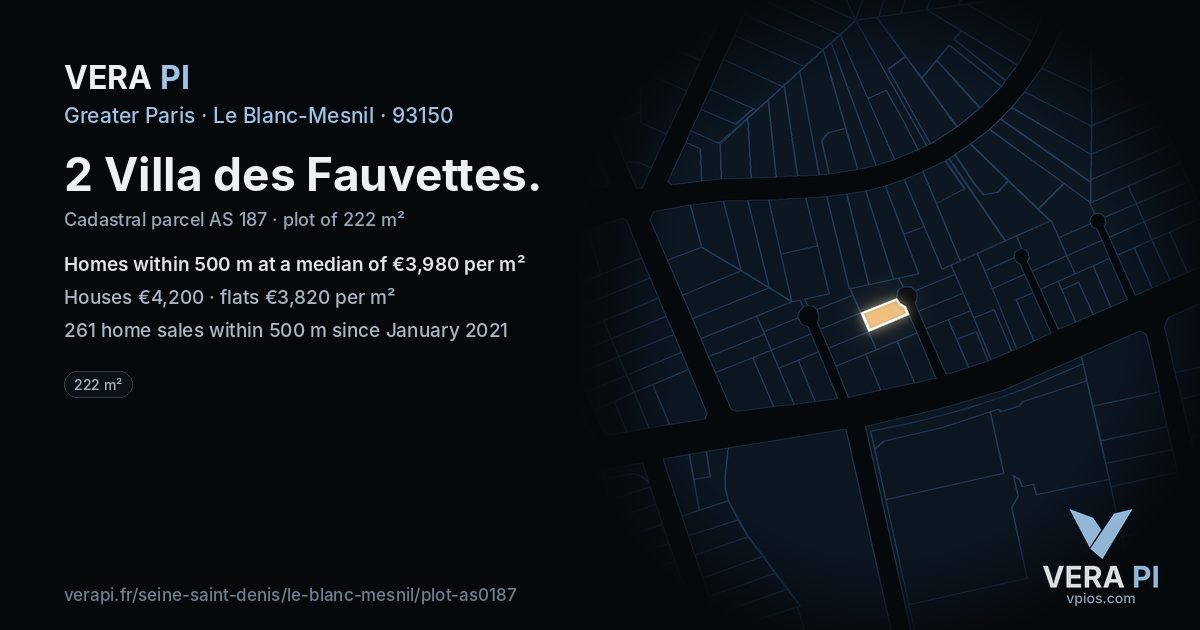 2 Villa des Fauvettes, Le Blanc-Mesnil at night – the plot lit, the parcels around coloured by the prices near them