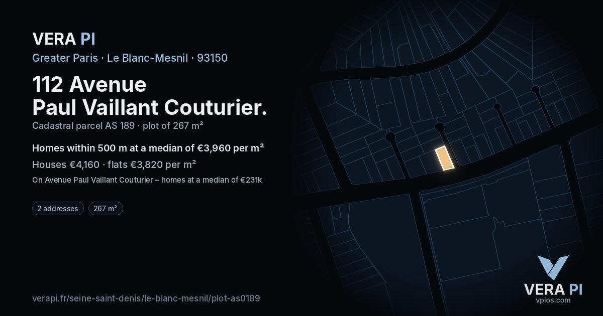112 Avenue Paul Vaillant Couturier, Le Blanc-Mesnil at night – the plot lit, the parcels around coloured by the prices near them