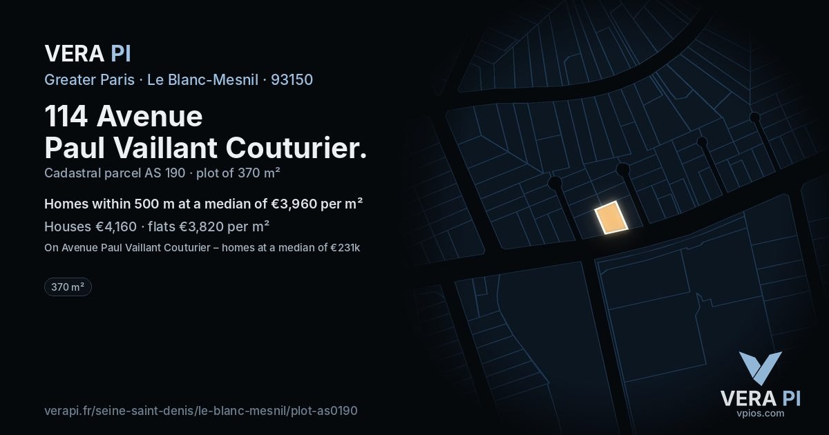 114 Avenue Paul Vaillant Couturier, Le Blanc-Mesnil at night – the plot lit, the parcels around coloured by the prices near them