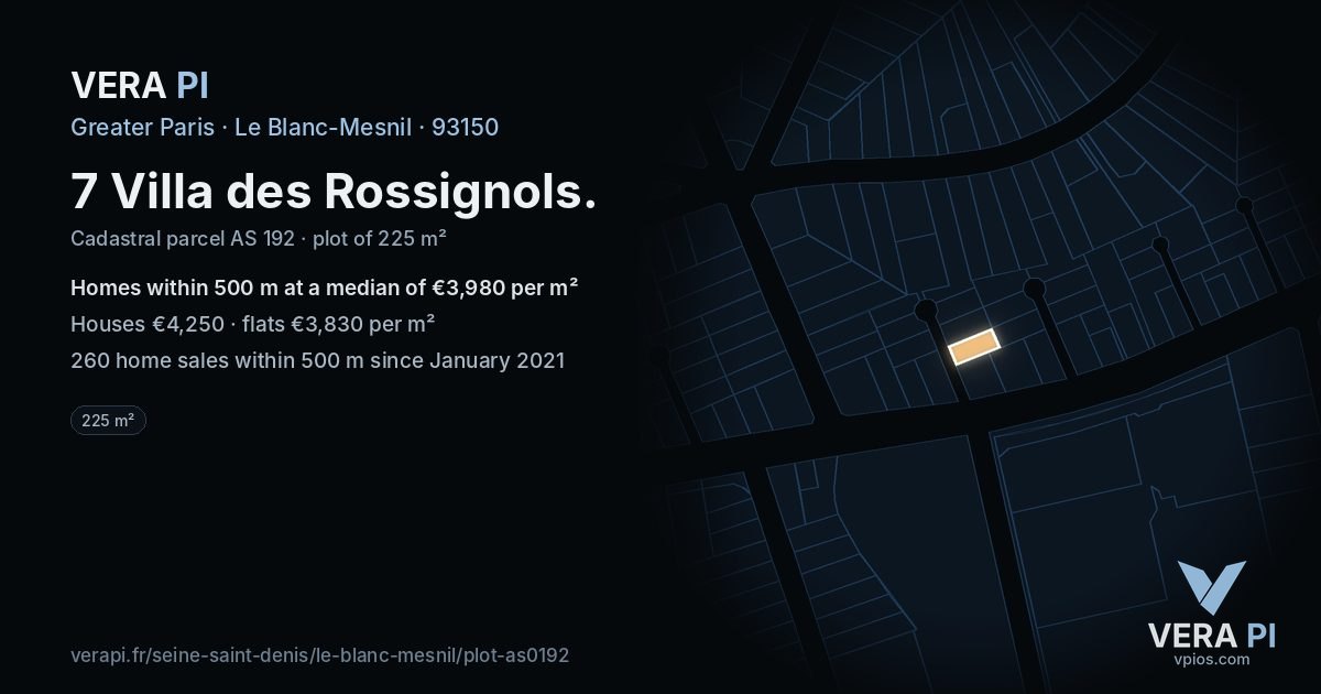 7 Villa des Rossignols, Le Blanc-Mesnil at night – the plot lit, the parcels around coloured by the prices near them