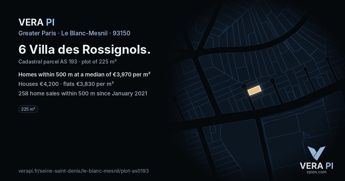 6 Villa des Rossignols, Le Blanc-Mesnil at night – the plot lit, the parcels around coloured by the prices near them
